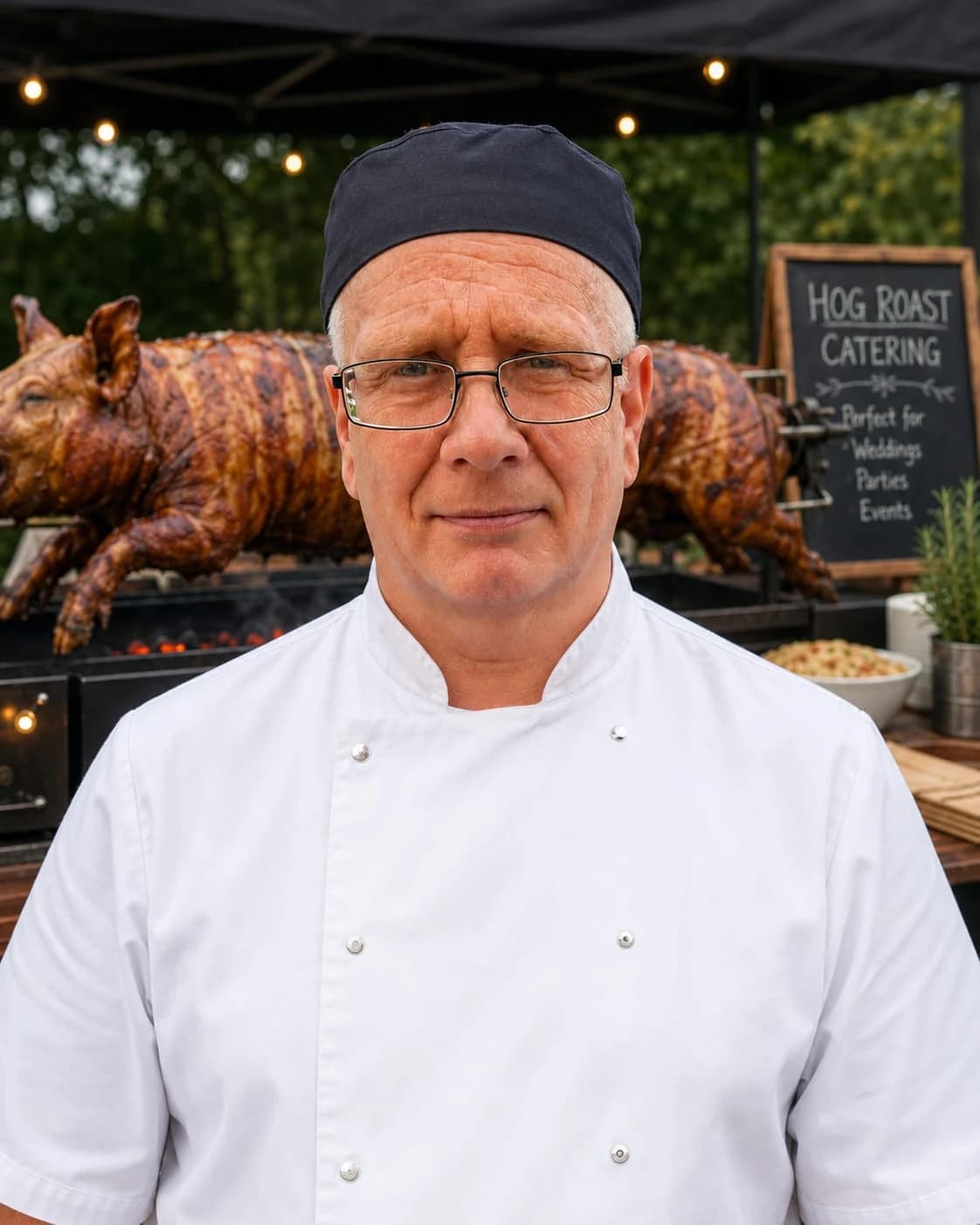 Adam Skinner, Owner, Founder & Head Chef at Pig & Pickle Catering, in front of a whole hog on the spit