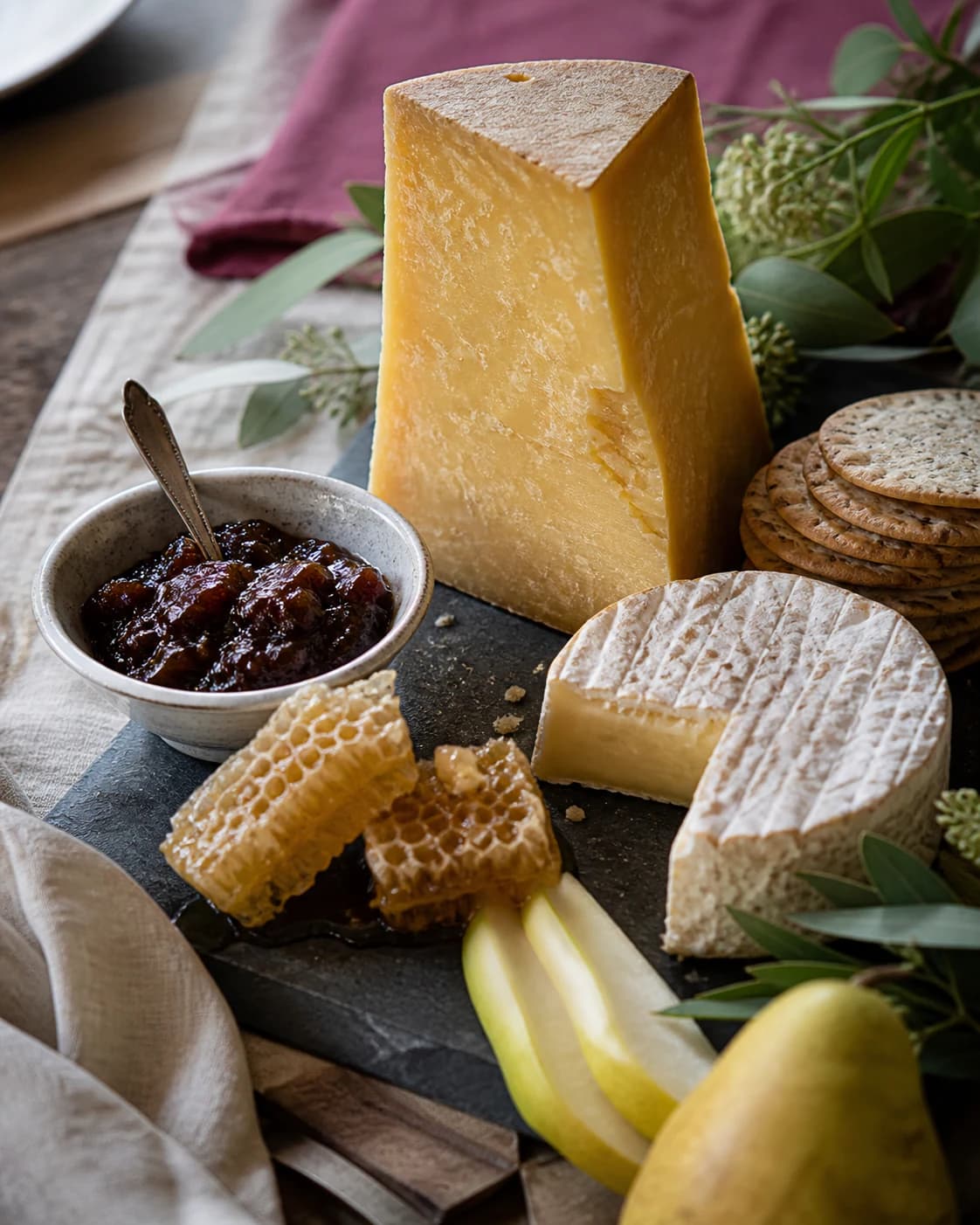 Detail of a cheese and chutney section on a styled grazing table
