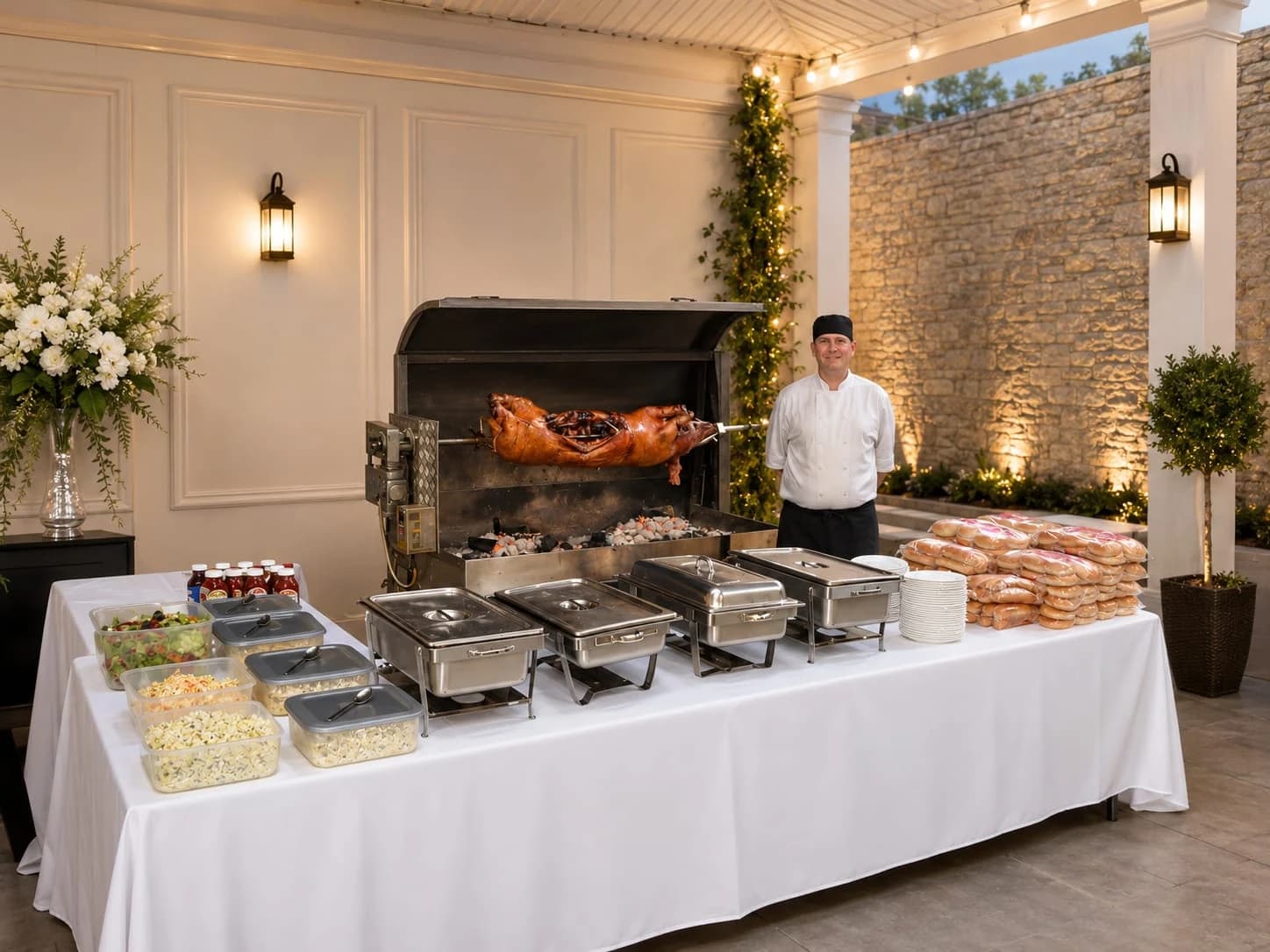 Hog roast and dressed serving table under a lit colonnade at a courtyard venue