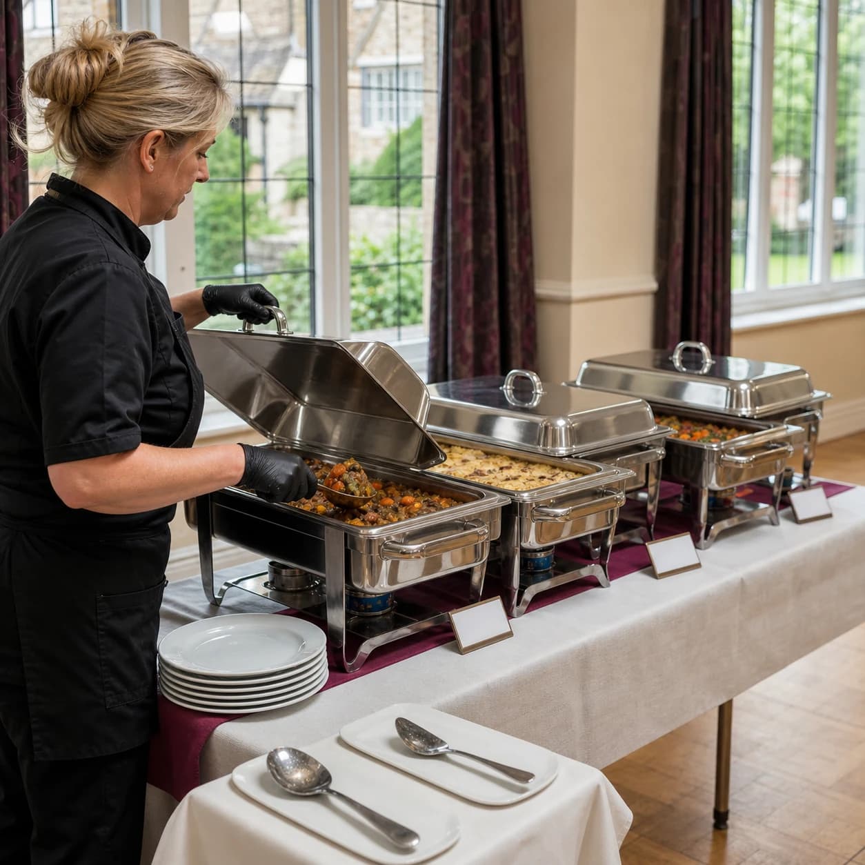 Fork buffet service with chafing dishes and separate allergen cards