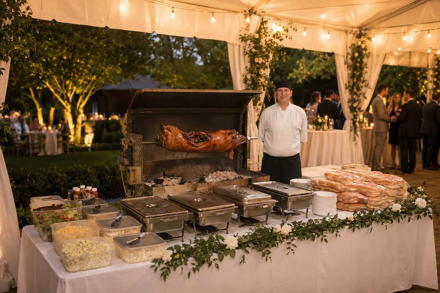 Hog roast and hot buffet set up under a lit marquee at an evening wedding, guests behind