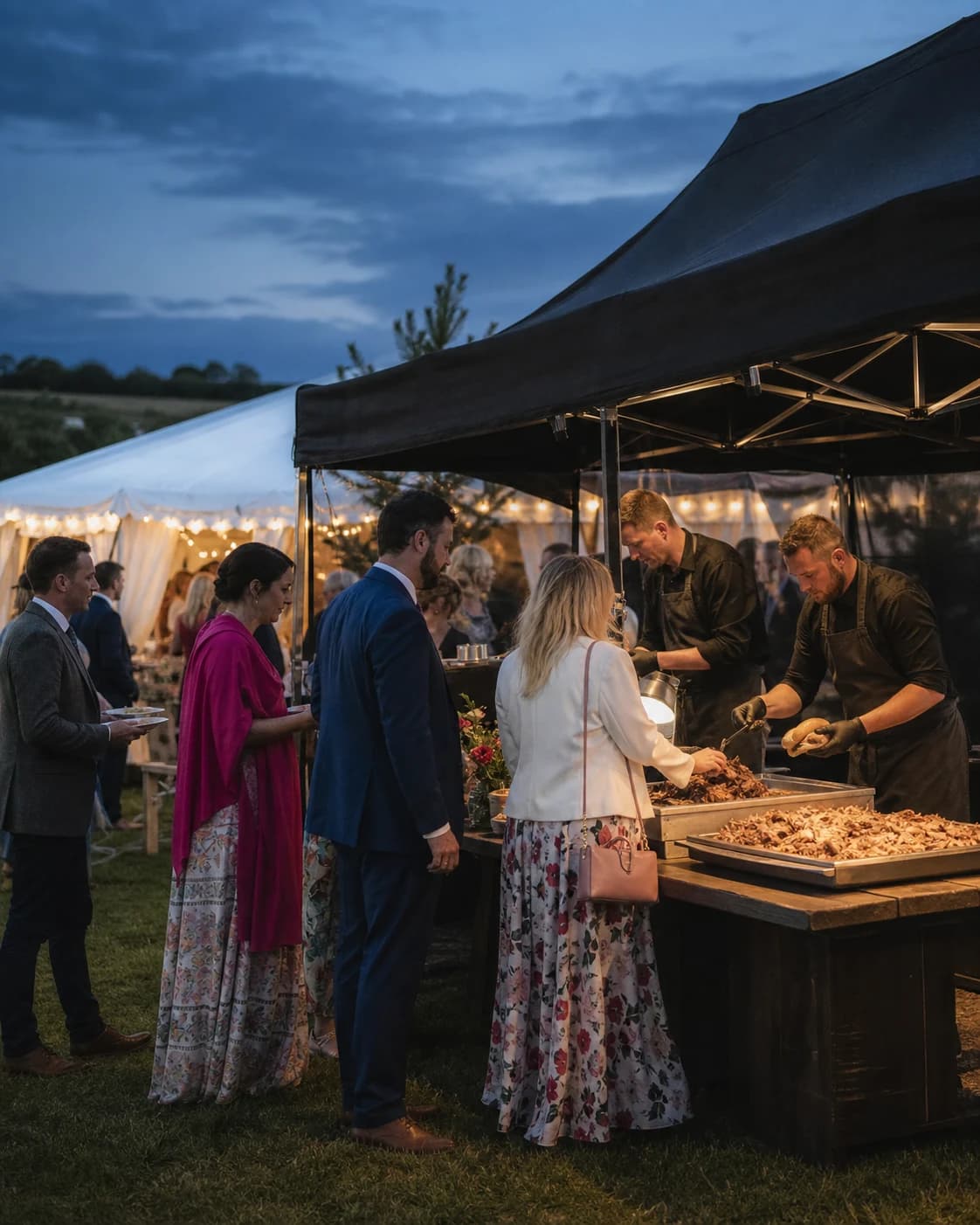 Guests queuing at a hog roast serving table at an evening wedding