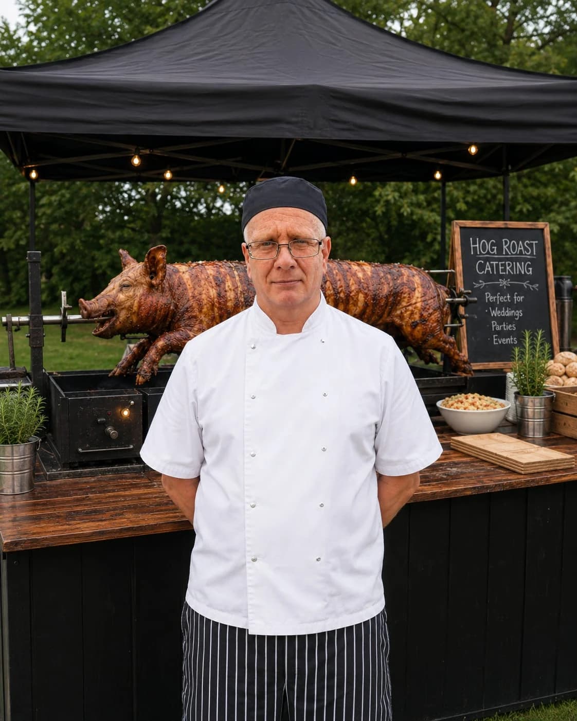 Adam Skinner today, in front of his hog roast set-up