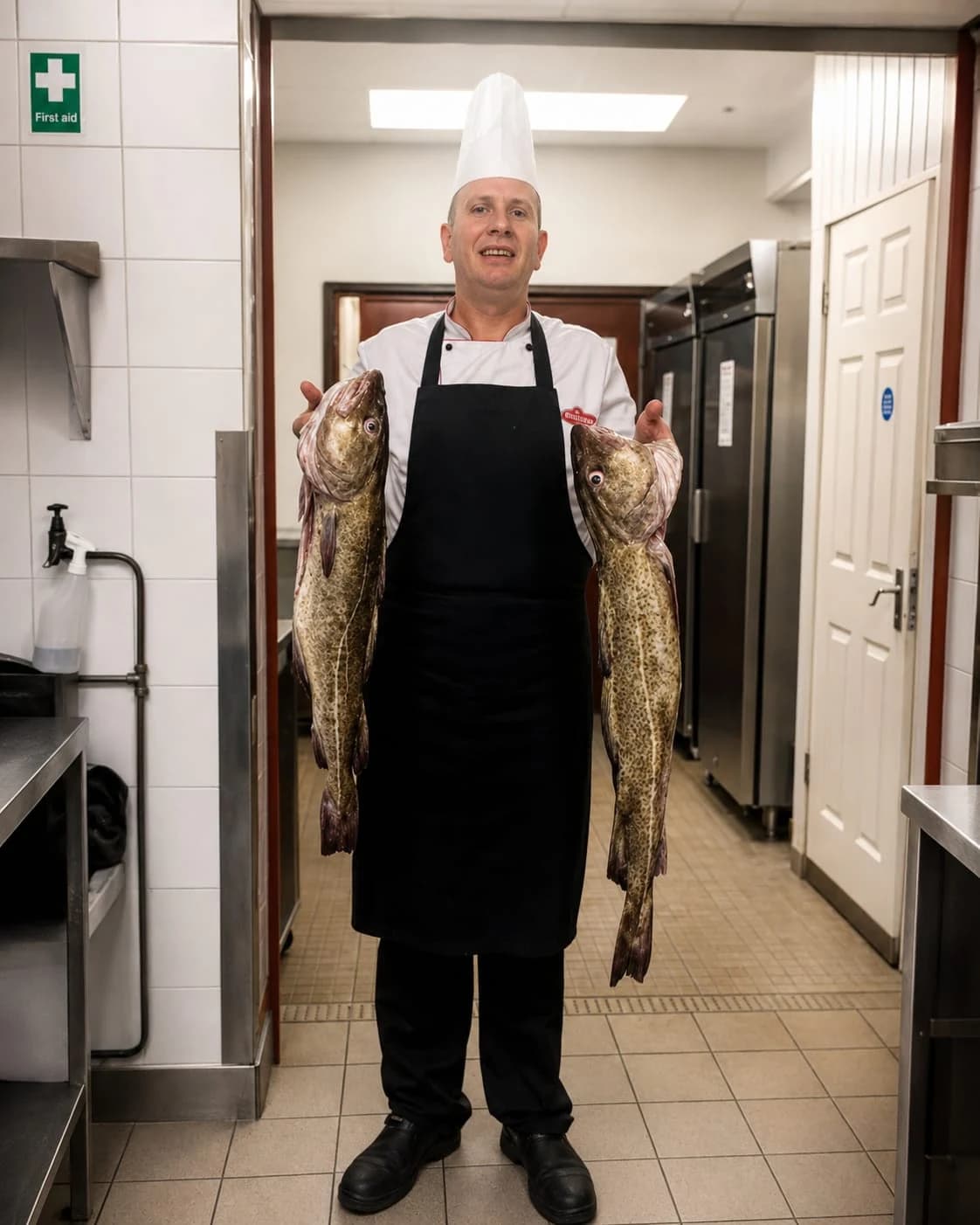 Adam Skinner in a restaurant kitchen earlier in his career, holding two whole cod