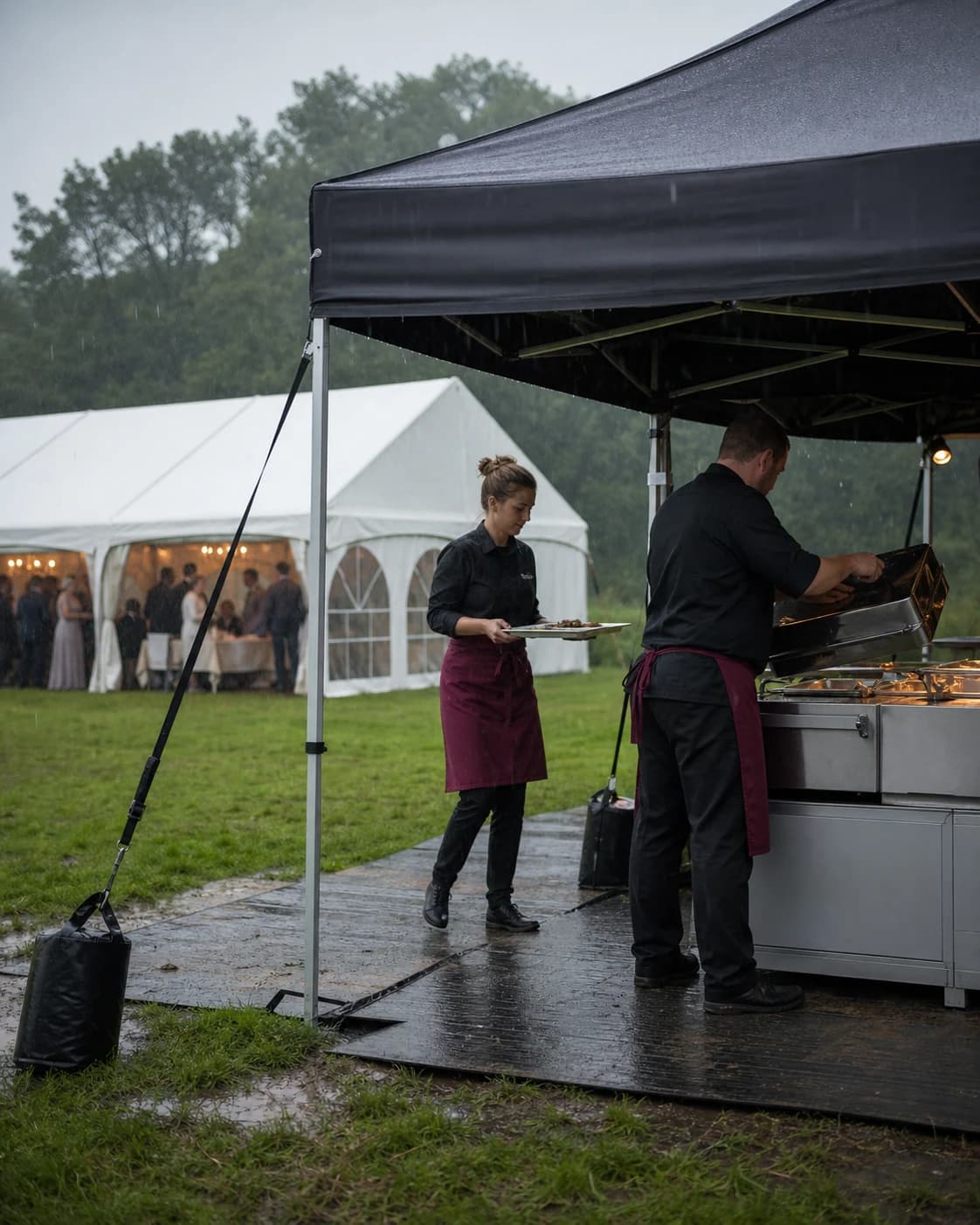 Outdoor catering kitchen set up under a gazebo in wet weather, service continuing as normal